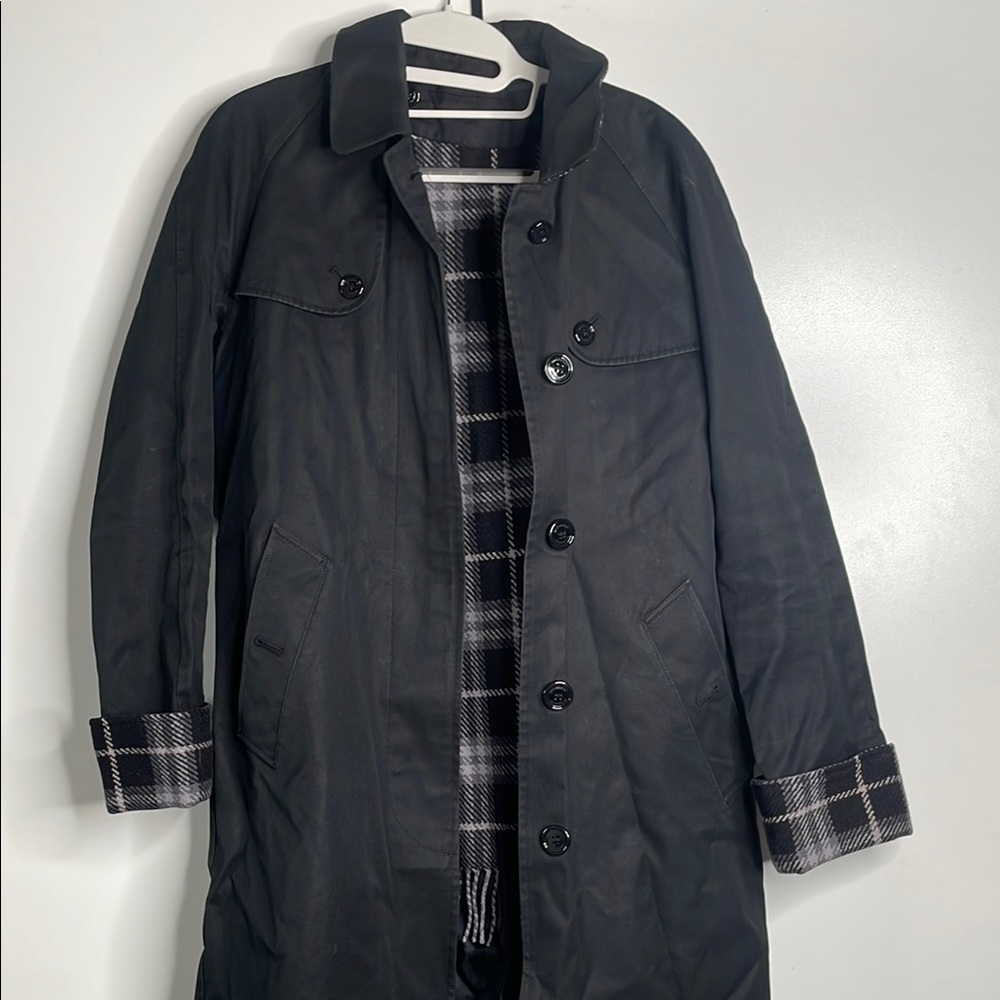 Burberry, size 2 black trench coat with checkered interior